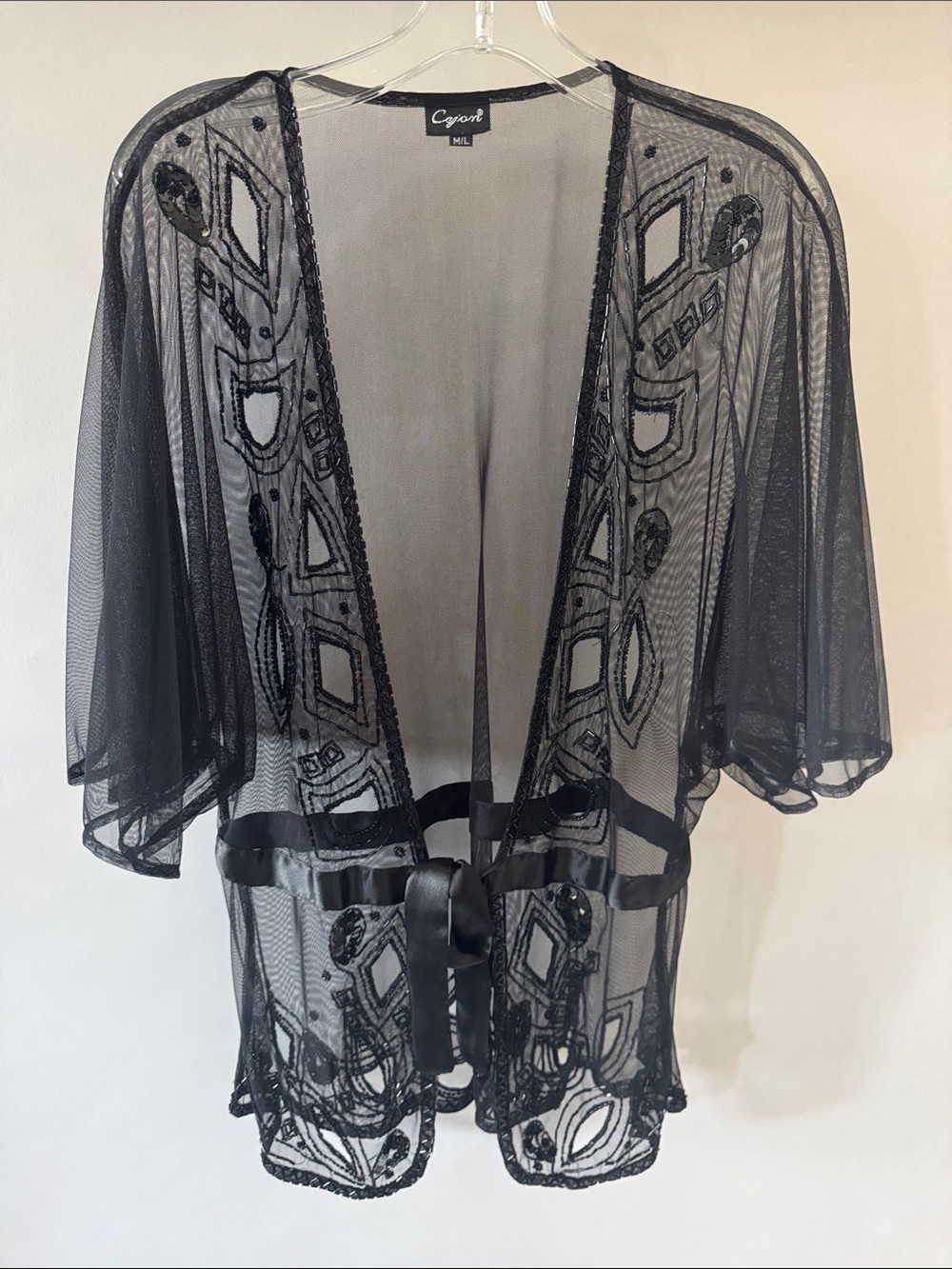 Cejon Black Sheer Embroidered Mesh Kimono Top